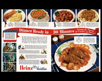 1943 Heinz 57 Magazine Ad, WWII Wartime, Recipes in Ad