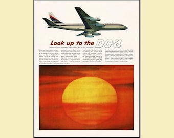 1959 Douglas DC-8 Print Ad • Look Up To The DC-8 Sunset Jetliner Art 10x13