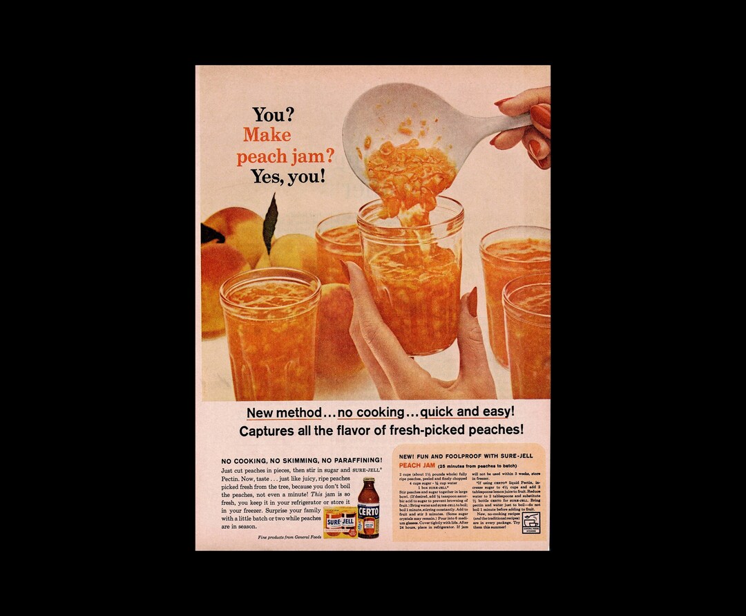 1962 Certo Surejell Peach Jam Jelly Magazine Ad, Recipe in Ad Etsy