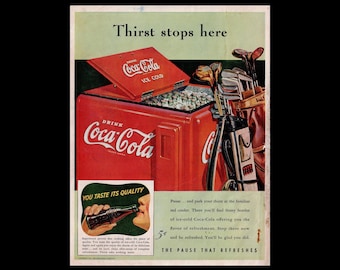 1941 Coca-Cola &quot;Golf&quot; Magazine Ad, Coca Cola Soda Pop Chest/Cooler
