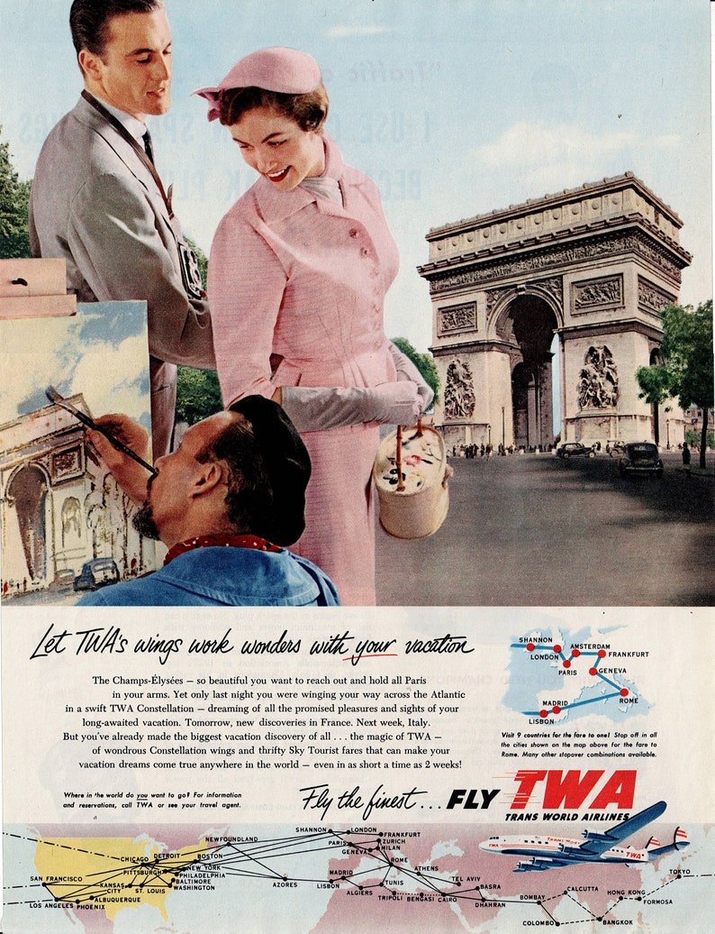 1954 TWA Arc De Triomphe Paris, France Airline Magazine Ad, Trans World ...