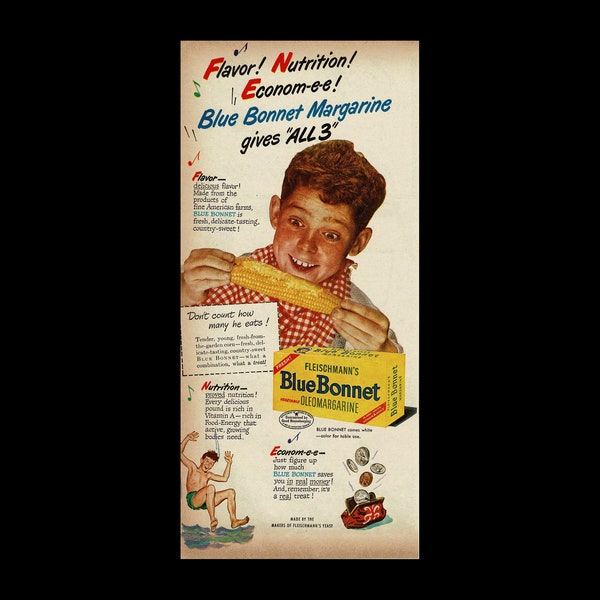 Original 1947 Blue Bonnet Sue Margarine Butter Magazine Ad