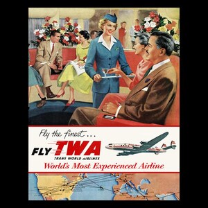 1950s TWA Trans World Airlines &quot;First Class Service&quot; Retro Travel Mini Poster Art Print