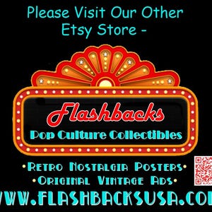 Op de afbeelding: Een zwart grafisch bord met een rood en geel theater-marquee met lichtjes. De tekst luidt: Please Visit Our Other Etsy Store, Flashbacks Pop Culture Collectibles, Retro Nostalgia Posters, Original Vintage Ads en WWW.FLASHBACKSUSA.COM.