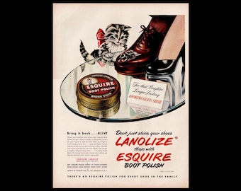 1948 Esquire Boot Polish Ad – Vintage 10x13 “Kitten Reflection” Print, Tabby Cat