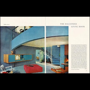1953 The Balconied Living Room Magazine Artwork by Julius Shulman, Retro California Mid-Century Modern Design Home Decor