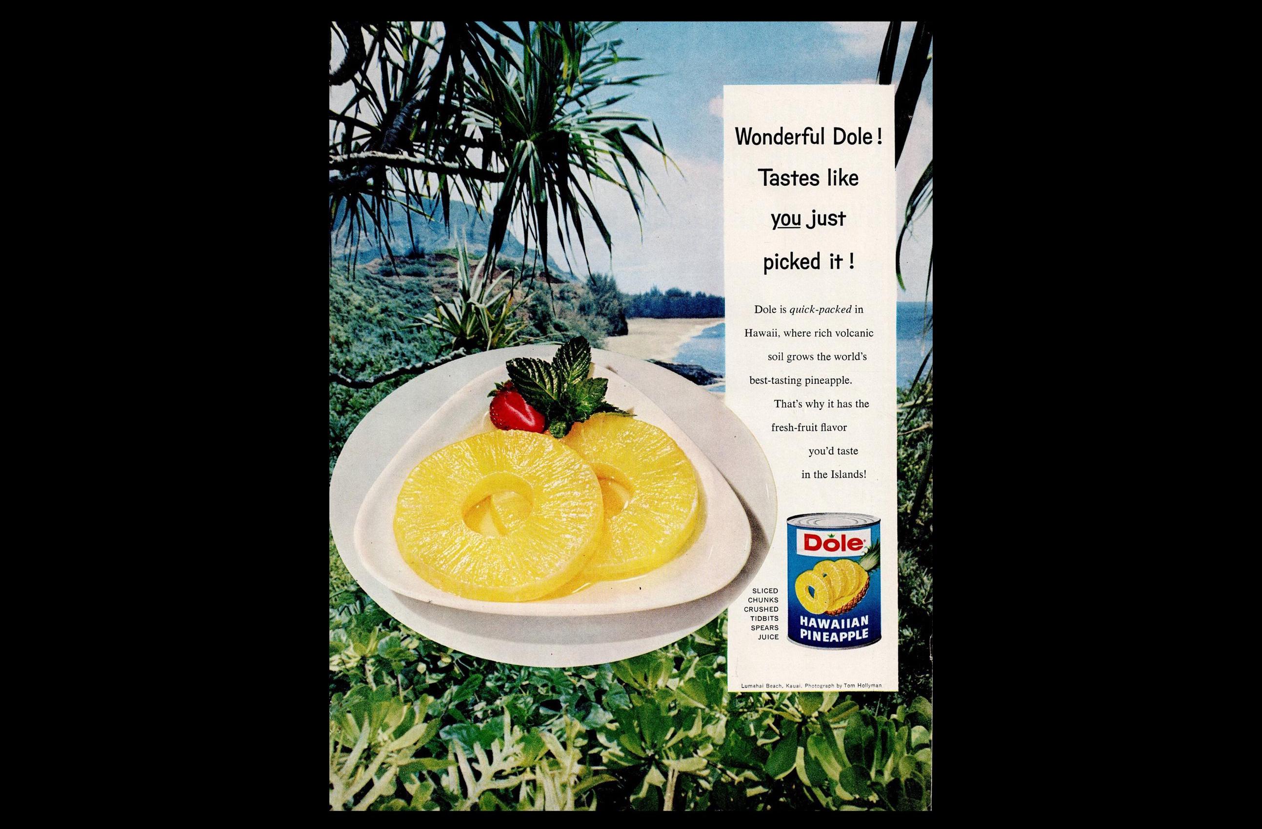 1950s Dole Hawaiian Pineapple "Lumahai Beach Kauai" Magazine Ad