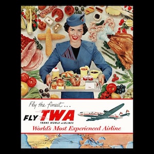 1950s TWA Trans World Airlines &quot;Finest Food in the Air&quot; Retro Travel Mini Poster Art Print Stewardess Hostess Dinner/Lunch Tray