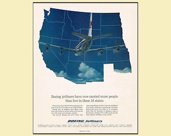 1963 Boeing 707 Print Ad • 16 States Population Comparison US Map Art 10x13