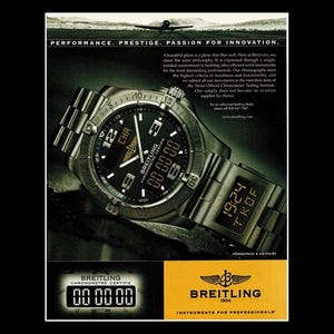 2000s Breitling Chronograph Watch Original Magazine Ad, Navitimer Aviators Pilots Aviation