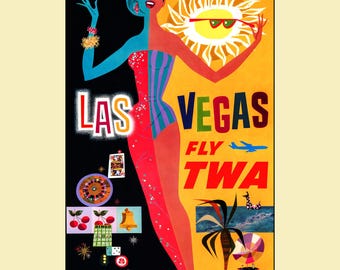 May include: A vintage-style travel poster for Las Vegas featuring a split-colour figure in a striped swimsuit. The design includes a sun wearing sunglasses, a blue aeroplane, a roulette wheel, playing cards, cherries, and the text Las Vegas Fly TWA.
