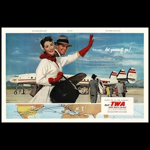 1953 TWA Airlines &quot;Let Yourself Go&quot; Double Page Magazine Ad