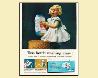 1961 Pure‑Pak Milk Container “No Clutter” Magazine Ad – Retro Dairy Kitchen Art – Original 10×13