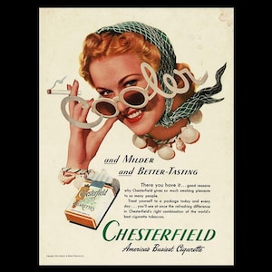 1940 Chesterfield Cigarettes &quot;Cooler Sunglasses&quot; Magazine Ad, Unusual Eyeglasses Kitschy Boho Fashion Decor