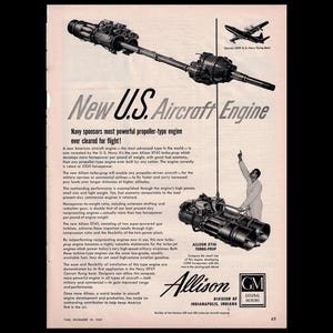 May include: Vintage advertisement for a U.S. aircraft engine. The black and white image features an illustration of an engine, a small plane, and text that reads "New U.S. Aircraft Engine". The Allison and General Motors logos are also visible.