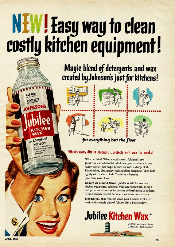 Retro 1953 Jubilee Kitchen Wax Magazine Ad, Household Cleaners 
