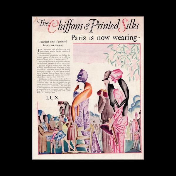 Original 1927 Art Deco Lux Soap Beauty Magazine Ad, Paris Chiffon & Printed Silks