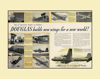 1946 Douglas DC-6 Print Ad • 2 Page Heritage Timeline DC-3 SBD Dauntless 8x11
