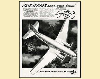 1949 Douglas Super DC-3 Vintage Print Ad • Original Aviation Decor Framable 10x13