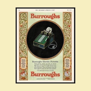 May include: A vintage 1950 Saturday Evening Post advertisement for a Burroughs Electric Portable adding machine. The poster features a dark green mechanical calculator with a paper roll, surrounded by ornate gold and red decorative borders.