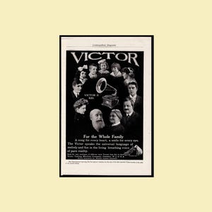 May include: Black and white advertisement for a Victor II 530 gramophone. The ad features a group of people and the text "For the Whole Family". The ad is from Cosmopolitan Magazine.
