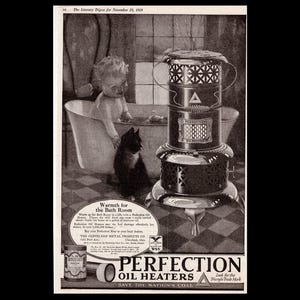 1918 Perfection Oil Heater Magazine Ad, Black Tuxedo Cat Baby Bath Bathroom Decor