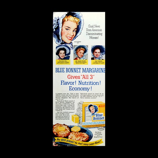 Original 1950s Blue Bonnet Sue Margarine Butter Magazine Ad