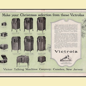 Vintage 1921 Victor Talking Machine double‑page advertisement featuring multiple Victrola phonograph models with prices and wood finishes. Includes holiday‑themed headline encouraging Christmas selection, detailed product descriptions, and the His Master’s Voice logo. Large 12×17.5 centerfold in good vintage condition, ideal for framing and Victrola collectors.