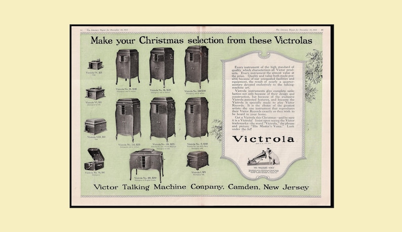 Vintage 1921 Victor Talking Machine double‑page advertisement featuring multiple Victrola phonograph models with prices and wood finishes. Includes holiday‑themed headline encouraging Christmas selection, detailed product descriptions, and the His Master’s Voice logo. Large 12×17.5 centerfold in good vintage condition, ideal for framing and Victrola collectors.