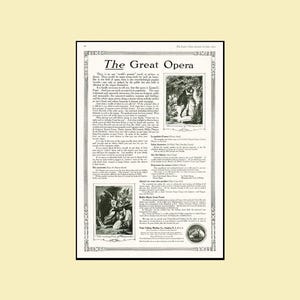 May include: An advertisement from The Ladies' Home Journal, featuring the headline "The Great Opera." The text is accompanied by two black and white illustrations. The bottom of the ad includes the logo for Victor Talking Machine Co.