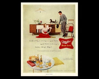 1950s Miller High Life Beer "Harness Racing Statue" Retro Magazine Ad, Milwaukee Wisconsin Champagne of Beers, Horse Equestrian Racing Decor