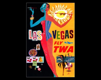 Puede incluir: Un cartel de viaje vintage que anuncia un viaje a Las Vegas con las aerolíneas TWA. El cartel presenta a una mujer con un traje de baño azul y rojo con un sol amarillo brillante y el texto "Las Vegas Fly TWA".