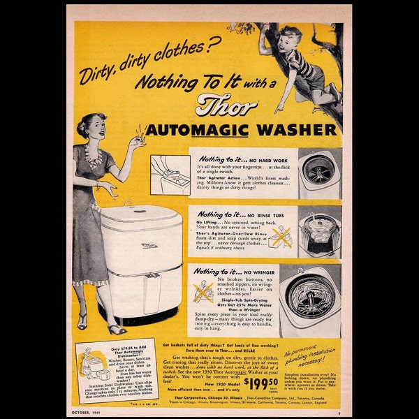 Retro 1949 Thor Automatic Washer Magazine Ad