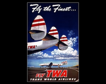TWA Airlines 1950s Retro Poster Art Print, Trans World Airlines Travel Art