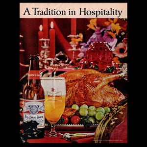 1964 Budweiser Beer "Thanksgiving Turkey" Magazine Ad, Fall Holiday Harvest Party Decor