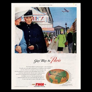 1950s TWA Airlines &quot;Gay Way to Paris&quot; Magazine Ad