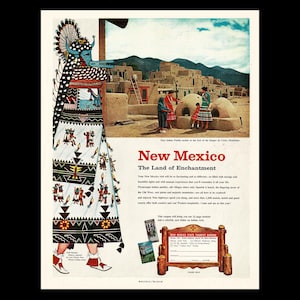 May include: Vintage travel advertisement for New Mexico, featuring a Native American figure in traditional attire. The image showcases a pueblo village and the text "New Mexico, The Land of Enchantment."