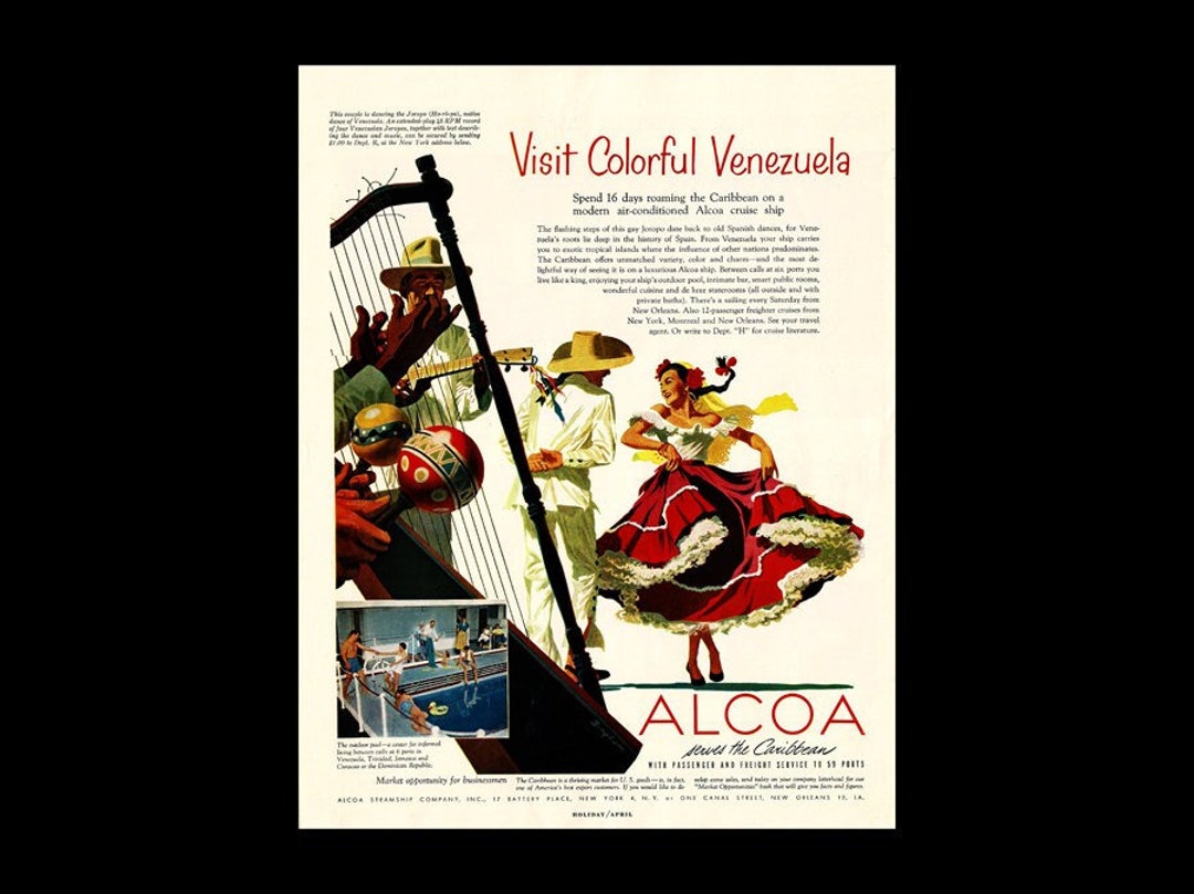 ✨送料無料　訳あり　5TH AIR  FORCE　ポスター？ 1950s Venezuela Caribbean Travel Alcoa Magazine Ad, Joropo