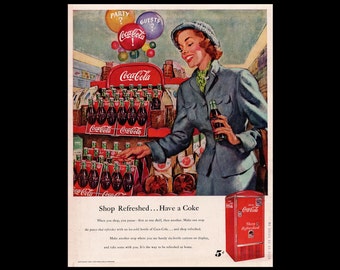 RARE 1949 Coca-Cola Magazine Ad, Coke 6 Pack Carton Bottles Display