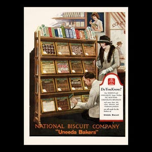 May include: Vintage advertisement for National Biscuit Company, featuring a wooden display of packaged biscuits. A man and woman are looking at the products. The ad includes the text "Do You Know?" and "Uneeda Bakers."