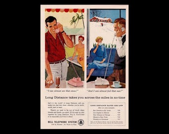 1959 Bell Telephone System Long Distance &quot;Almost Feel The Snow/Sun&quot; Retro Magazine Ad