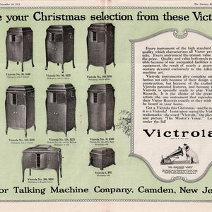 Vintage 1921 Victor Talking Machine double‑page advertisement featuring multiple Victrola phonograph models with prices and wood finishes. Includes holiday‑themed headline encouraging Christmas selection, detailed product descriptions, and the His Master’s Voice logo. Large 12×17.5 centerfold in good vintage condition, ideal for framing and Victrola collectors.