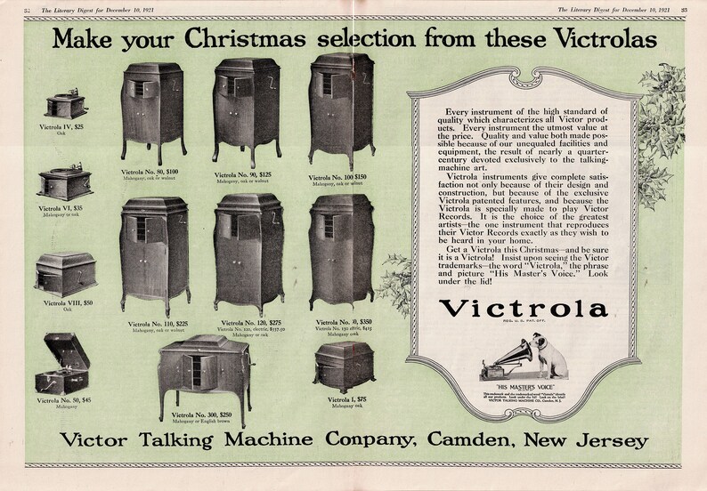 Vintage 1921 Victor Talking Machine double‑page advertisement featuring multiple Victrola phonograph models with prices and wood finishes. Includes holiday‑themed headline encouraging Christmas selection, detailed product descriptions, and the His Master’s Voice logo. Large 12×17.5 centerfold in good vintage condition, ideal for framing and Victrola collectors.
