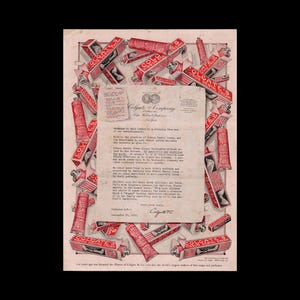 May include: Vintage advertisement for Colgate Ribbon Dental Cream. The image features a letter surrounded by illustrations of red and white toothpaste tubes and boxes. The text includes the Colgate Company logo and details about the product.