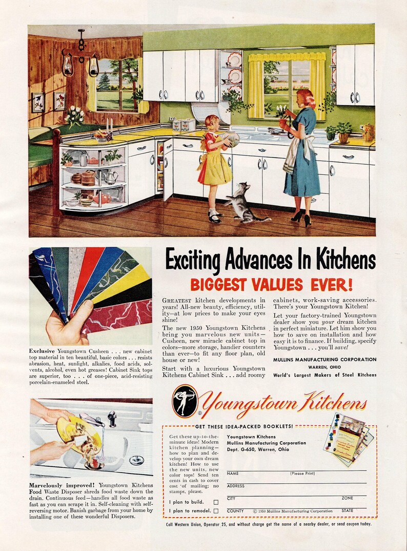 Kitchen Magazine Advert 1940s Youngstown Kitchen Magazine Ad, Retro Kitchen Décor, Mom Girl Cat ...