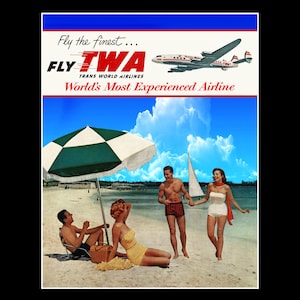 TWA Airlines 1950s Retro Poster Art Print: Beach House Vacation Decor