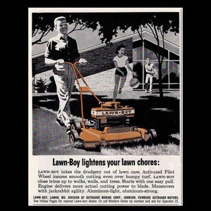 1958 Lawn Boy Mower Retro Magazine Ad, Small Space Outdoor Chores Decor