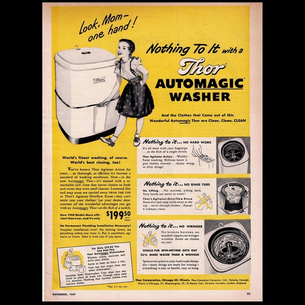 Retro 1949 Thor Automatic Washer Magazine Ad