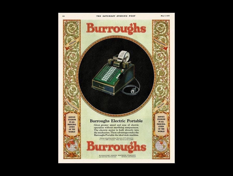 1930 Burroughs Electric Portable Adding Machine Magazine Ad, Vintage Office Wall Art Decor