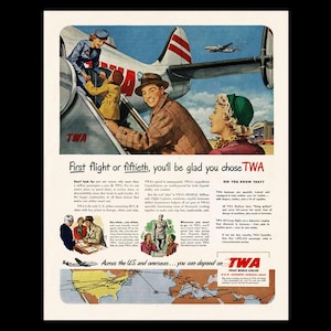 1950 TWA Trans World Airlines &quot;First Flight or Fiftieth&quot; Retro Magazine Ad